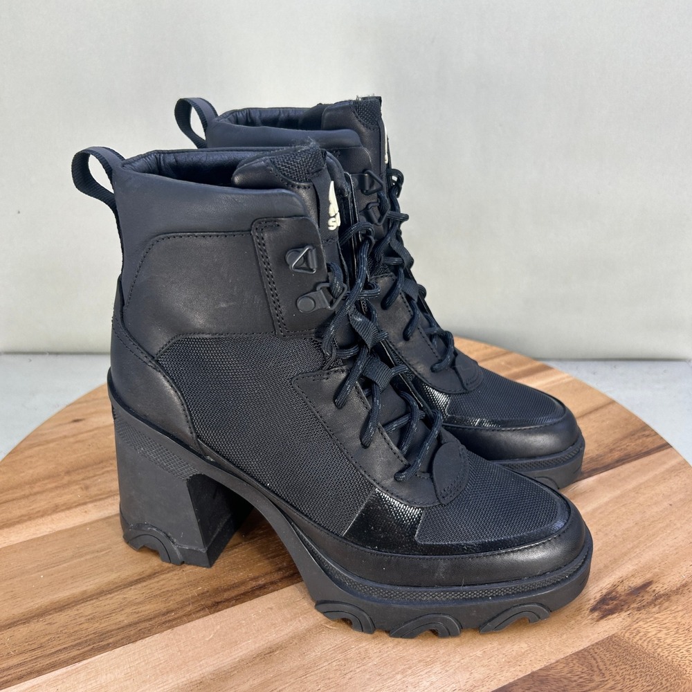Sorel Brex Boot Lace Black Leather Canvas Platform Block Heel NL4353-010 Women 8